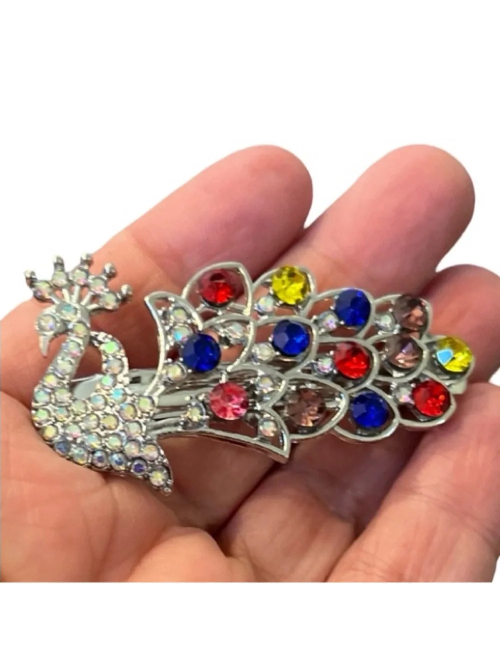 Multicolor Silver Peacock With Iridescent Crystal Hair Clip 2.5”FINAL PRICE DROP